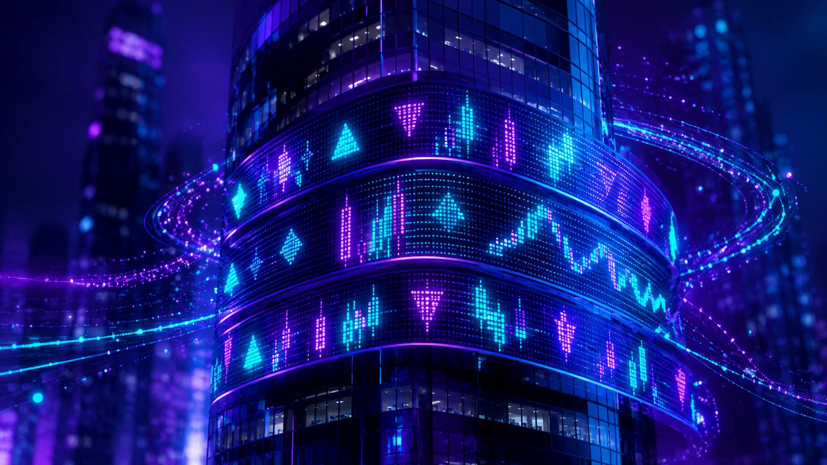 Glowing led stock ticker tape with abstract symbols scrolling across a building