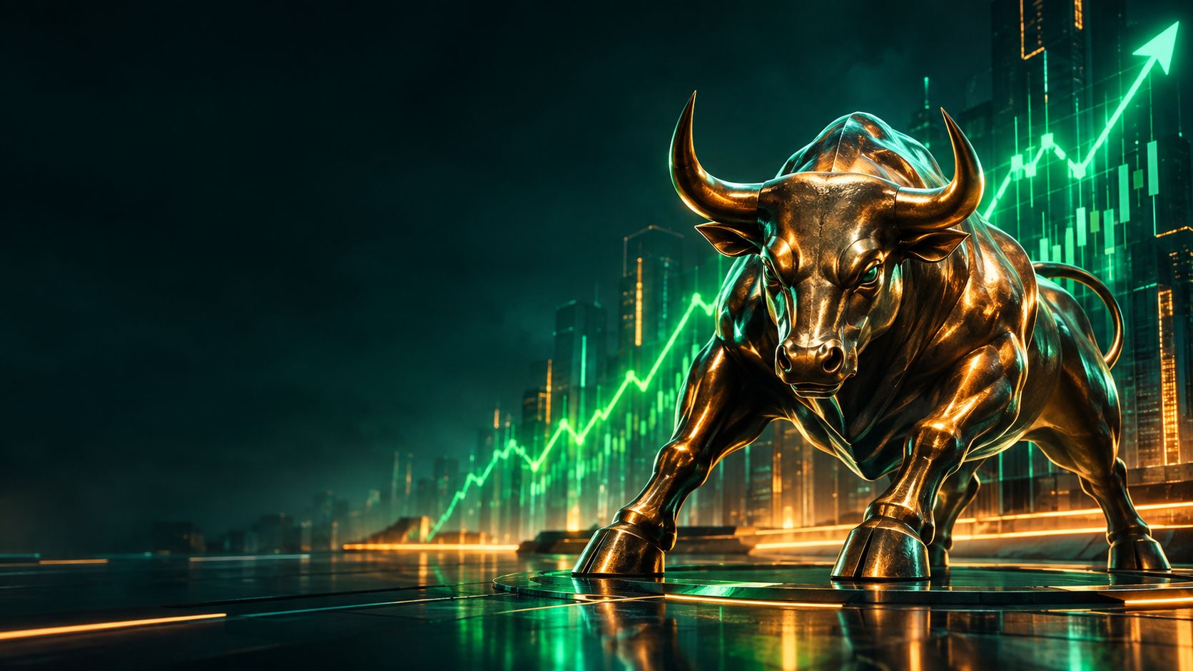 Powerful bronze bull statue with rising green chart lines behind it