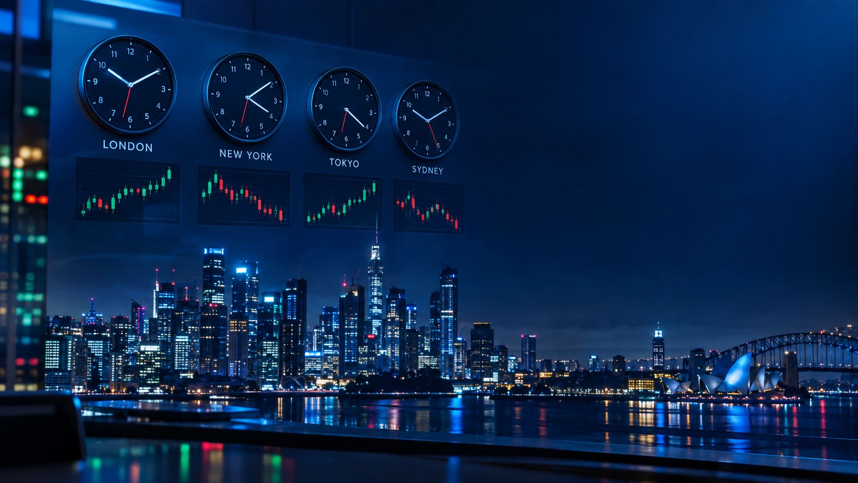 Four clocks showing london new york tokyo and sydney trading session times above a city skyline