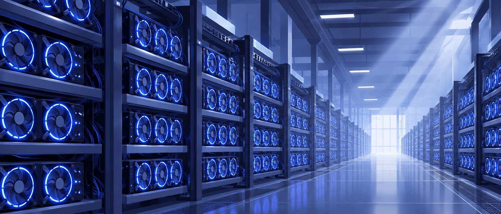 Rows of mining rigs with glowing fans in a dark data center