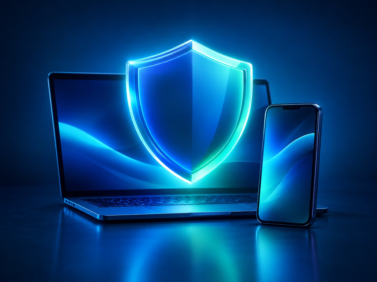 Large glowing shield over a laptop and phone
