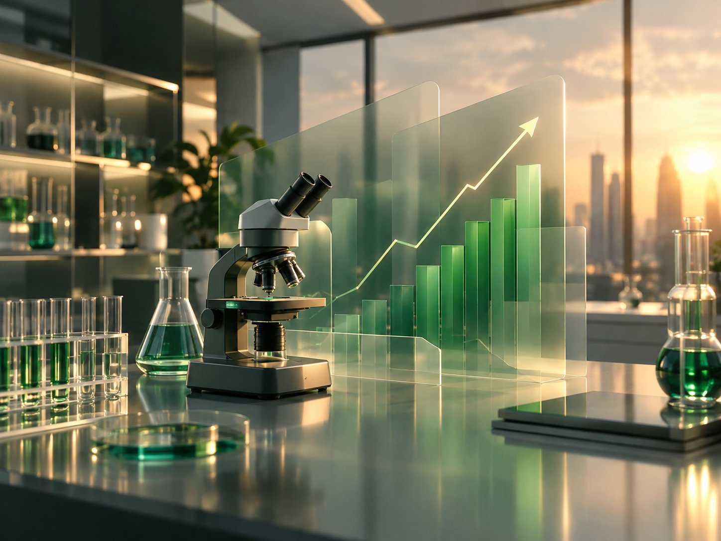 Clean laboratory scene blended with an upward stock chart