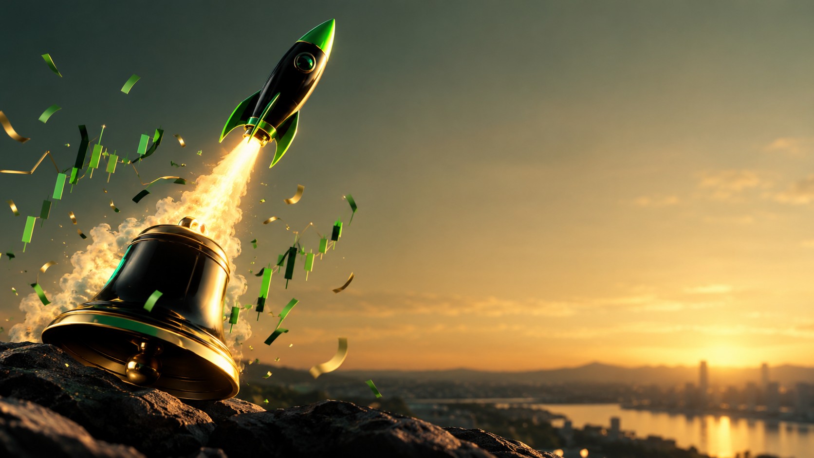 Rocket launching from a bell with confetti of chart lines